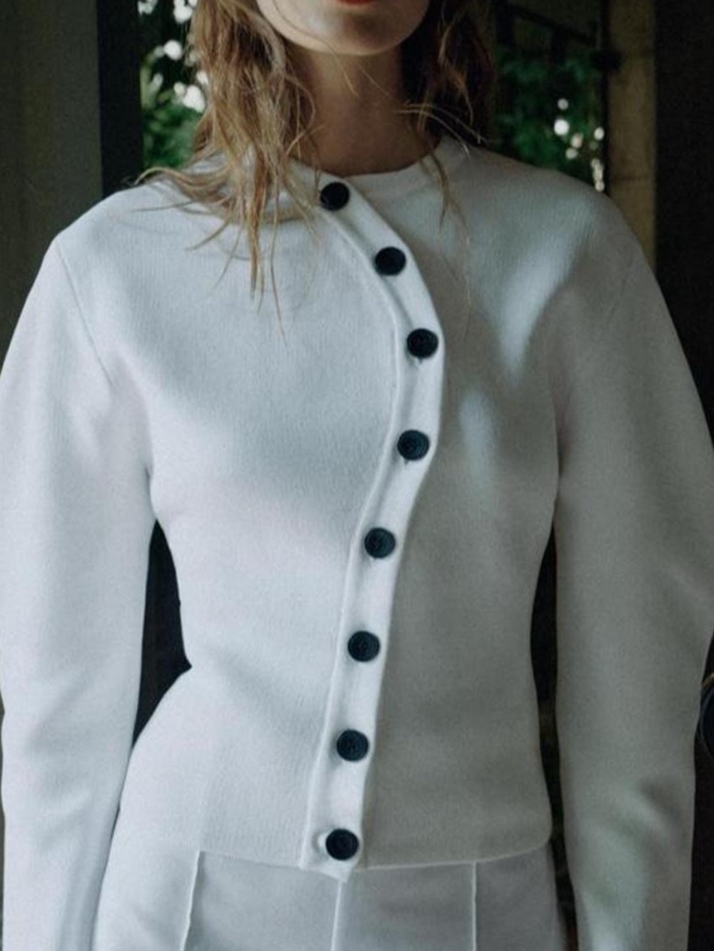 Zara White Knit Sweater with Black Offset Buttons